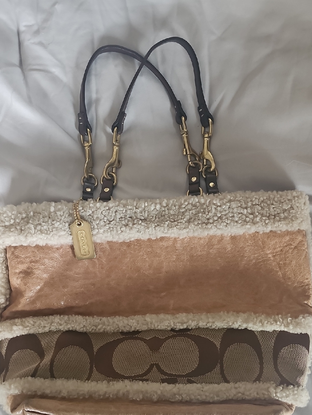 Coach Brown Signature Leather Tote with Cream Shearling Trim and Gold Hardware